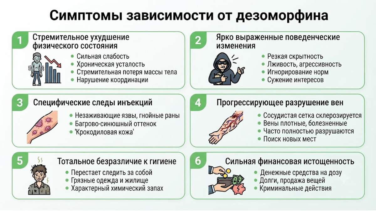 Инфографика: Основные симптомы и признаки дезоморфиновой наркомании.